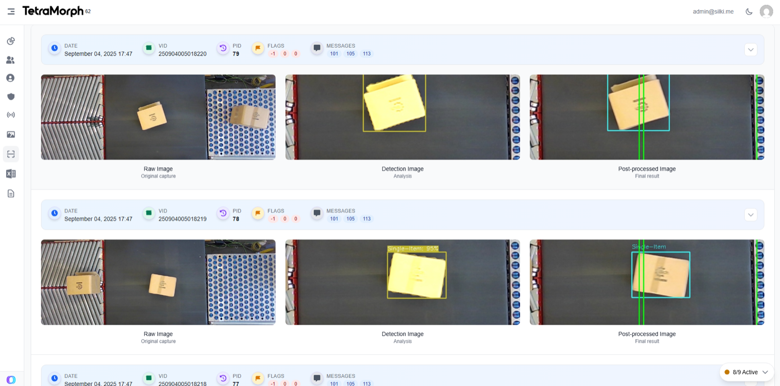 TetraMorph dashboard listing detections with raw, detection and post-processed images per parcel