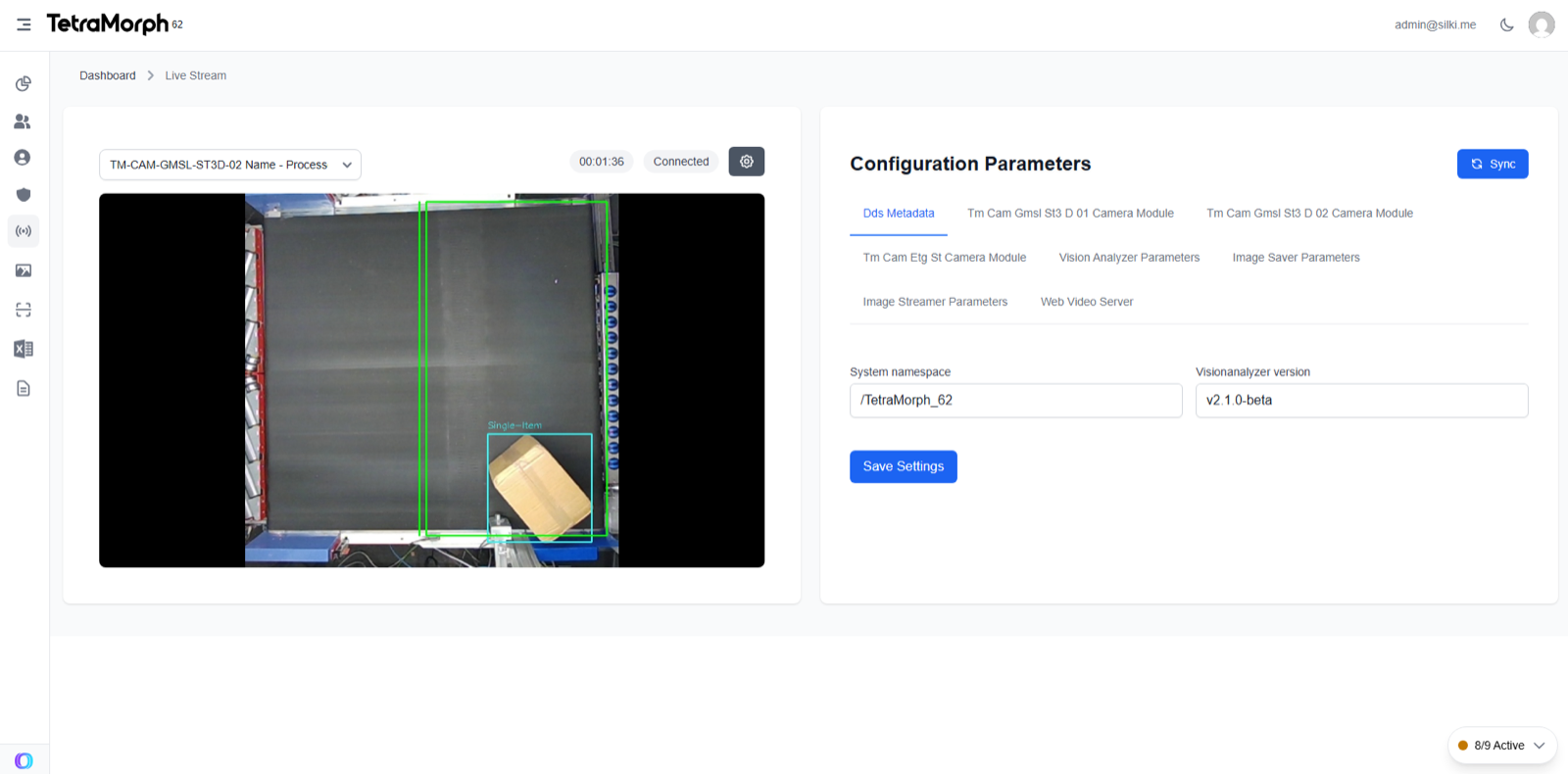 Live stream view with detection overlay and configuration parameters